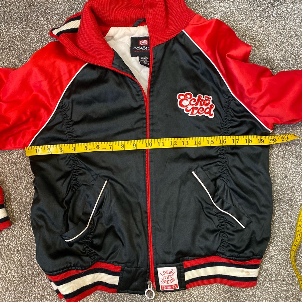 EckoRed Embroidered Satin Knitted Zip Up Bomber Jacket - Picture 14 of 15